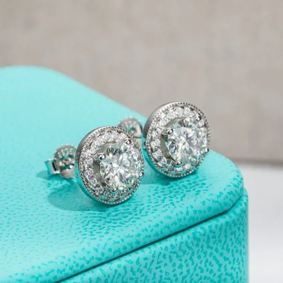Certified 2.4 ct. t.w.Moissanite Diamond Halo Stud Earrings NEW